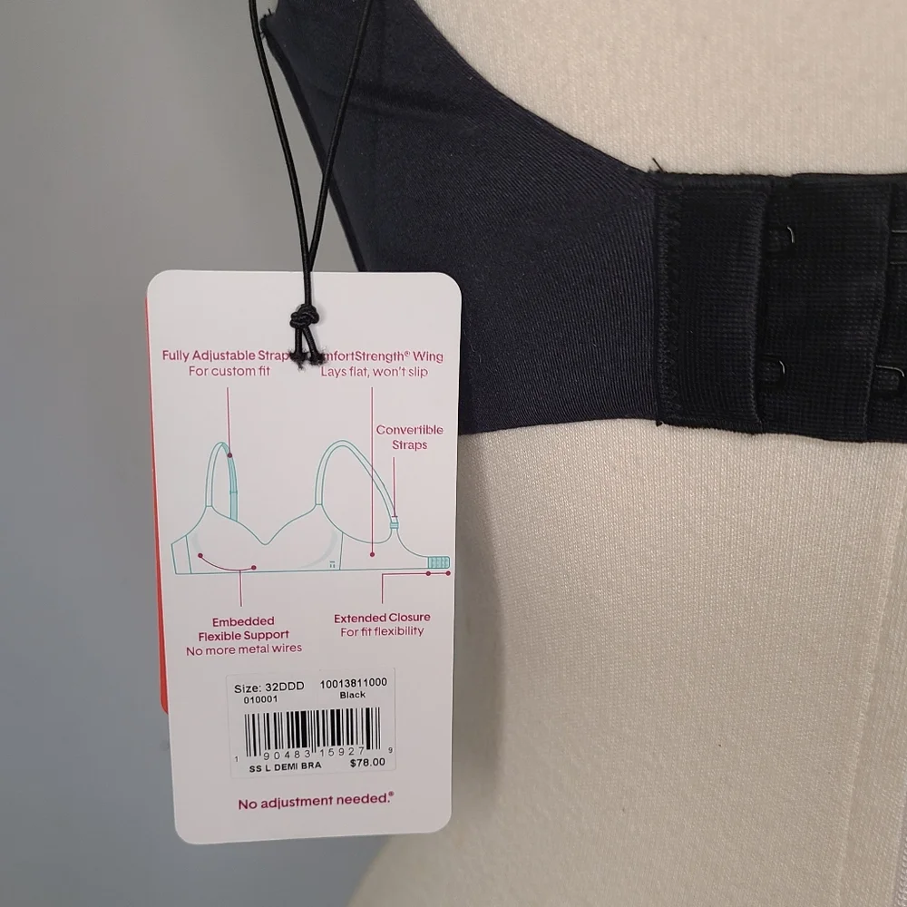 Tommy John Second Skin Comfort Lightly Lined Wireless Demi Bra Black 32DDD NWT